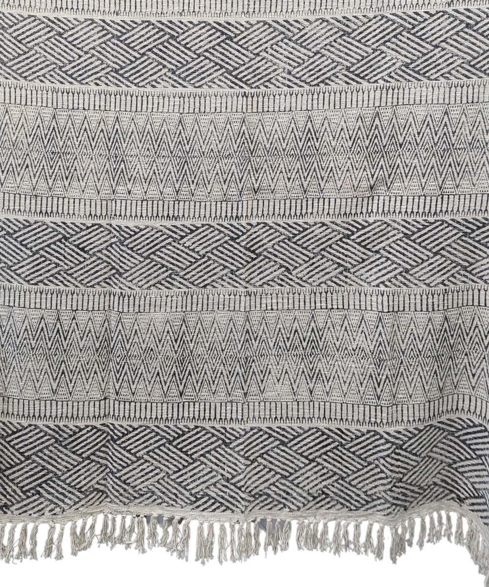 Beige black slub cotton hand block printed throw