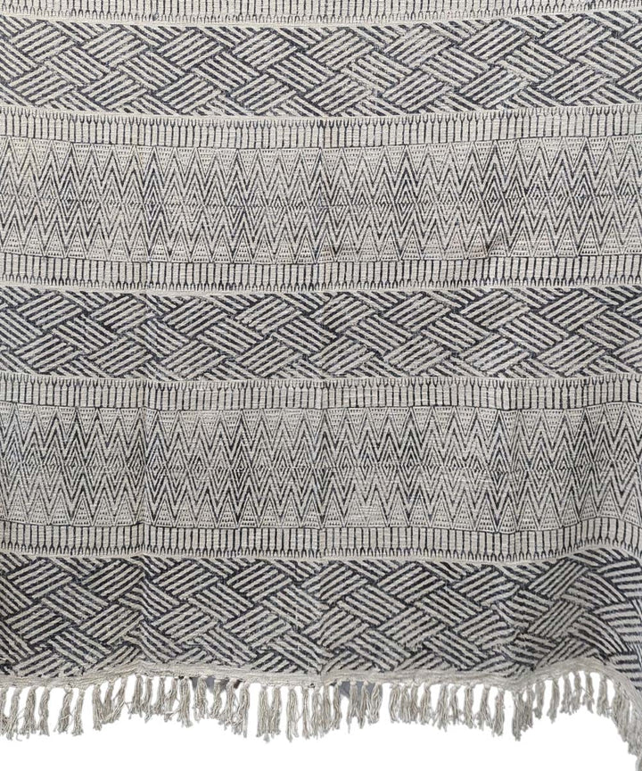 Beige black slub cotton hand block printed throw
