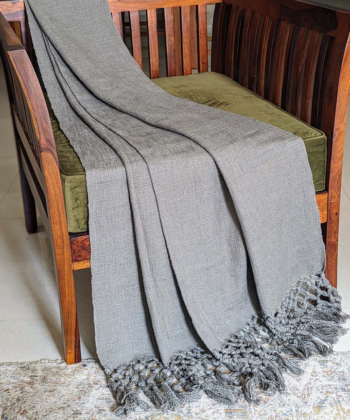 Grey hand woven slub cotton block print throw