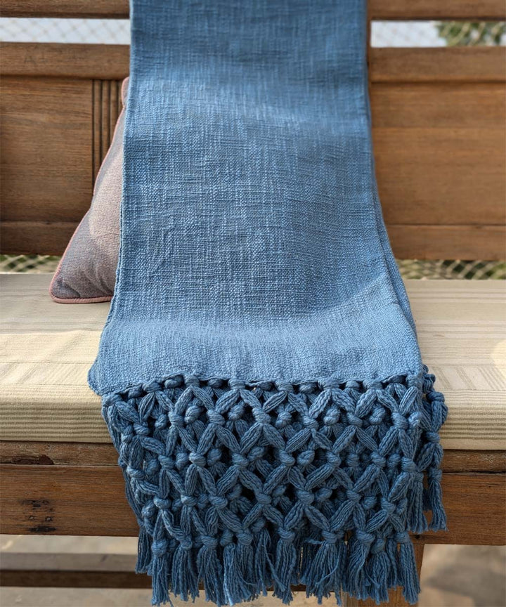 Blue hand woven slub cotton block print throw