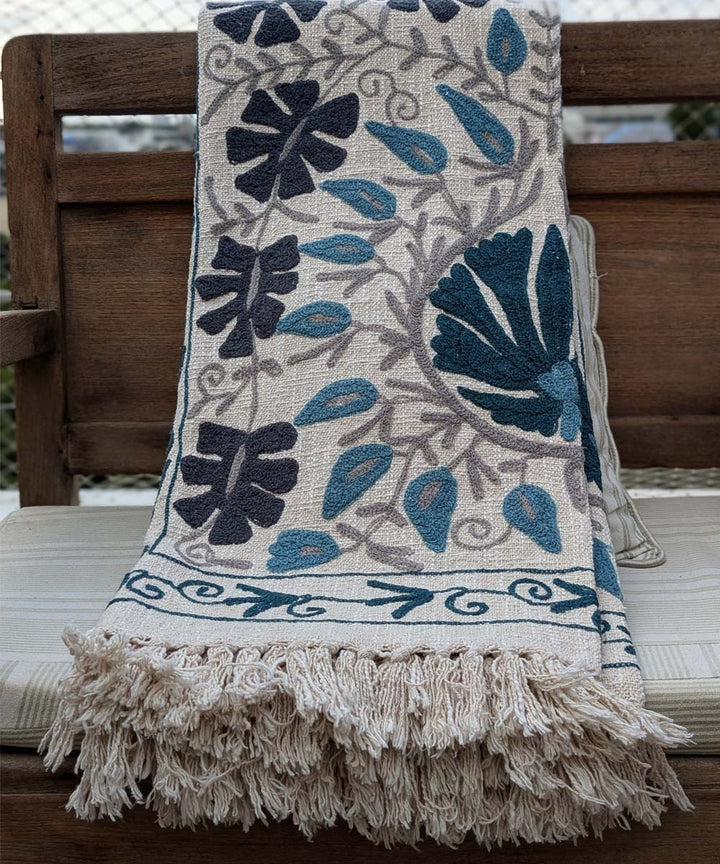 Beige blue indigo hand embroidered slub cotton block print throw