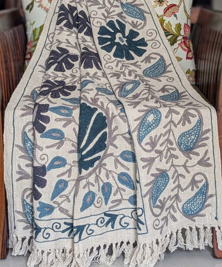 Beige blue indigo hand embroidered slub cotton block print throw