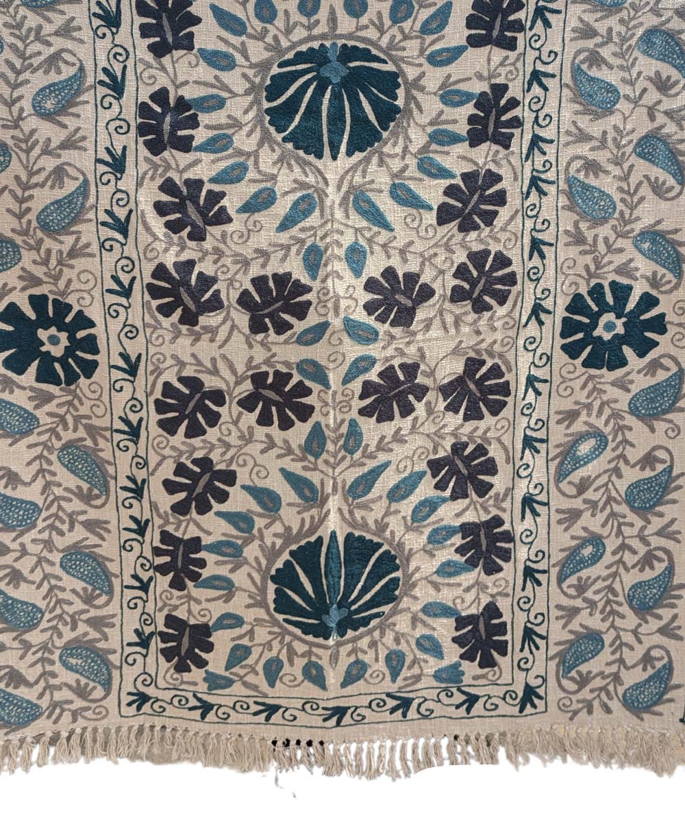 Beige blue indigo hand embroidered slub cotton block print throw