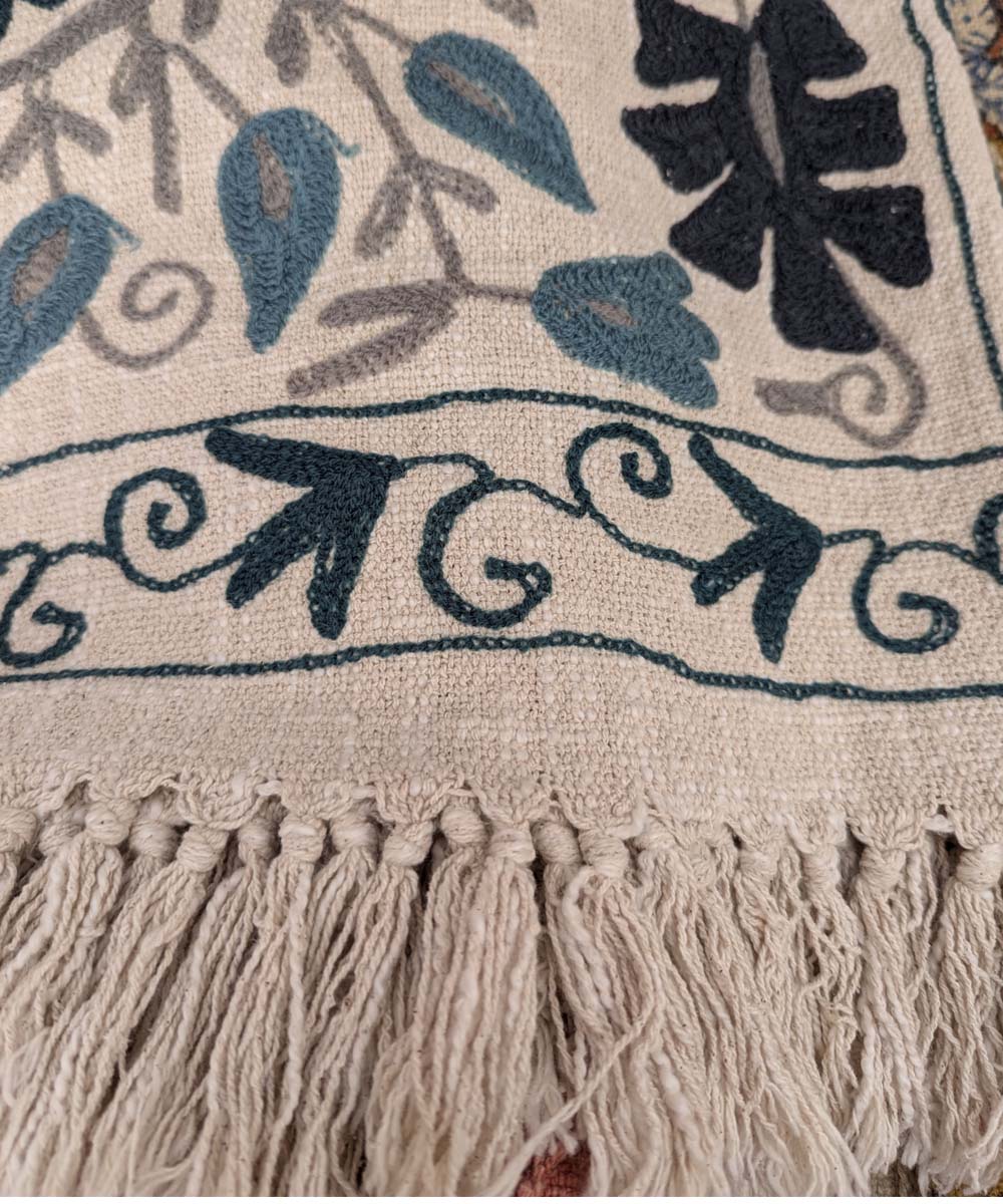 Beige blue indigo hand embroidered slub cotton block print throw