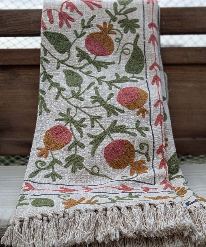 Beige green hand embroidered slub cotton block print throw