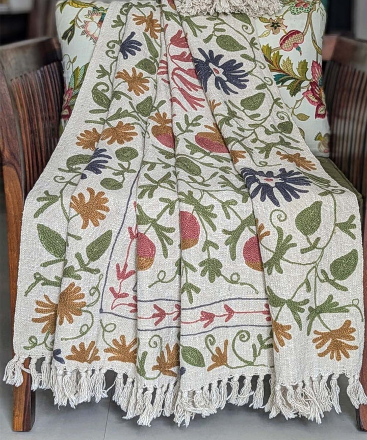 Beige green hand embroidered slub cotton block print throw