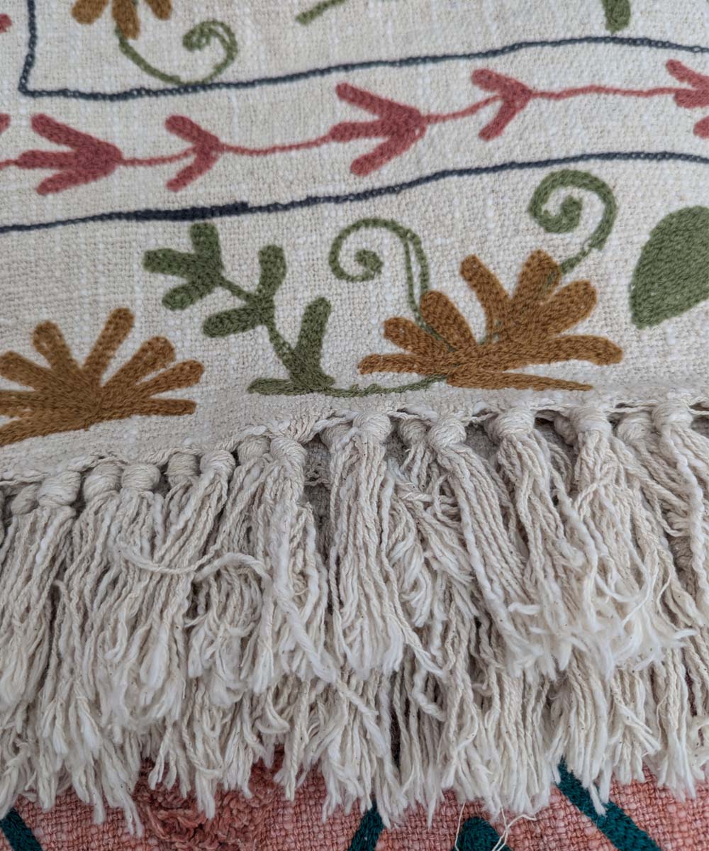 Beige green hand embroidered slub cotton block print throw