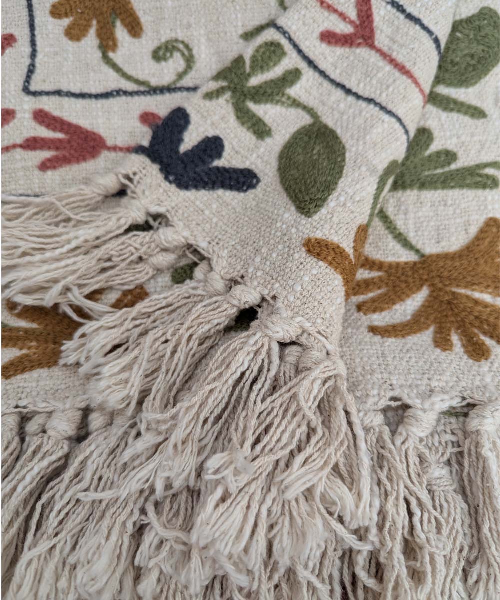 Beige green hand embroidered slub cotton block print throw