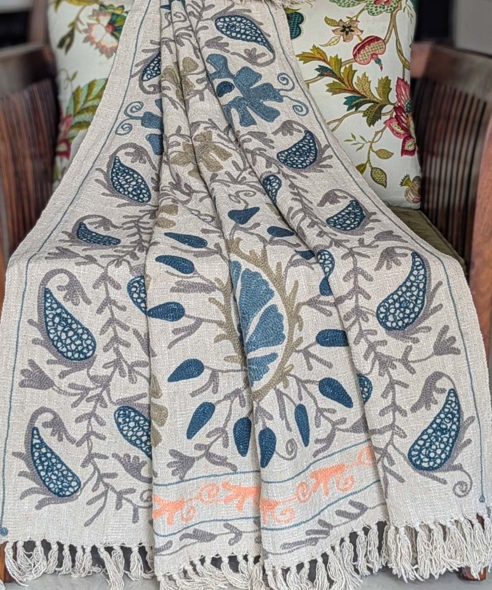 Beige blue hand embroidered slub cotton block printed throw