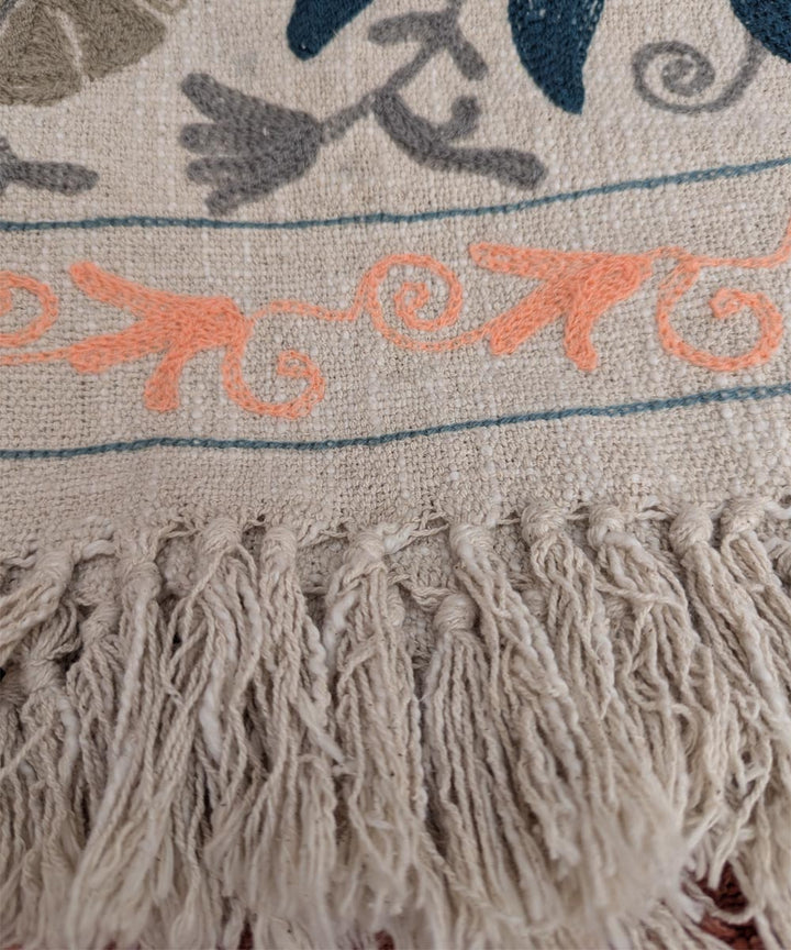 Beige blue hand embroidered slub cotton block printed throw