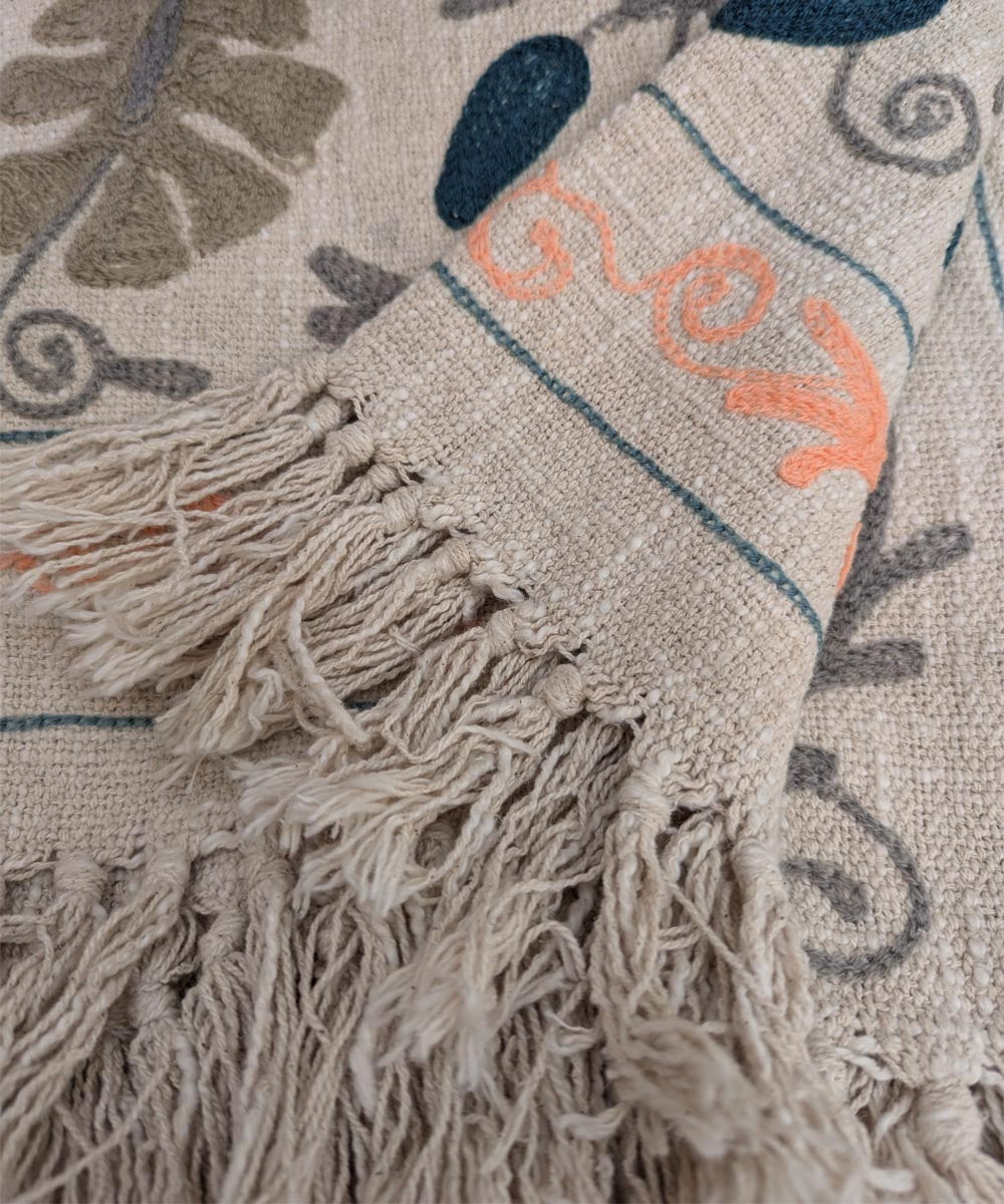 Beige blue hand embroidered slub cotton block printed throw