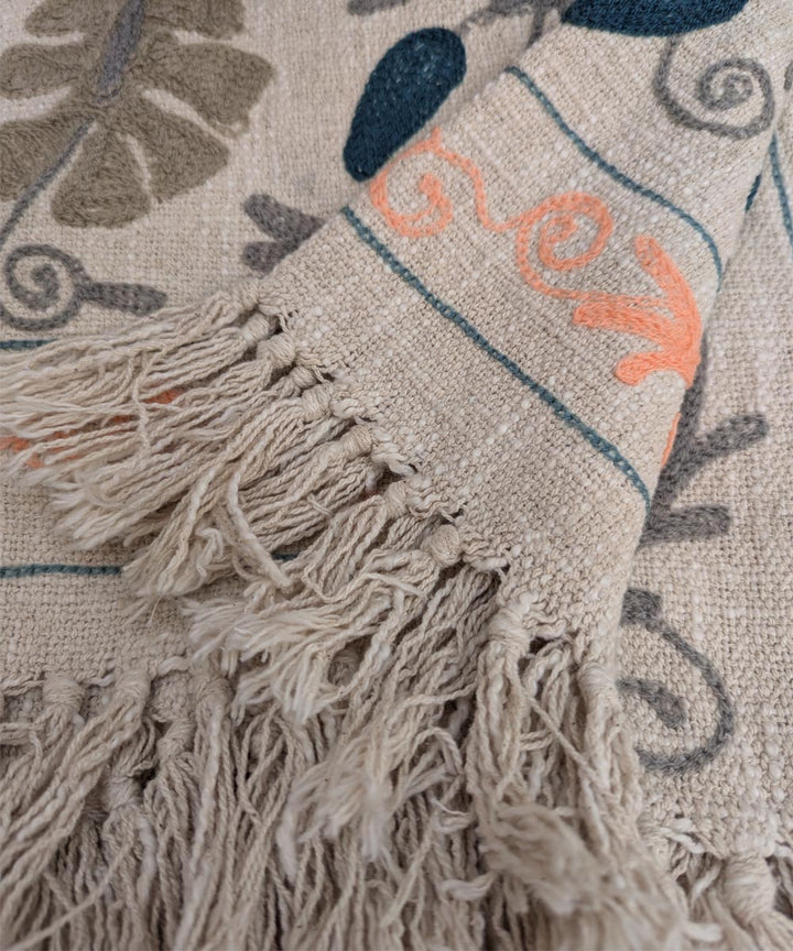 Beige blue hand embroidered slub cotton block printed throw