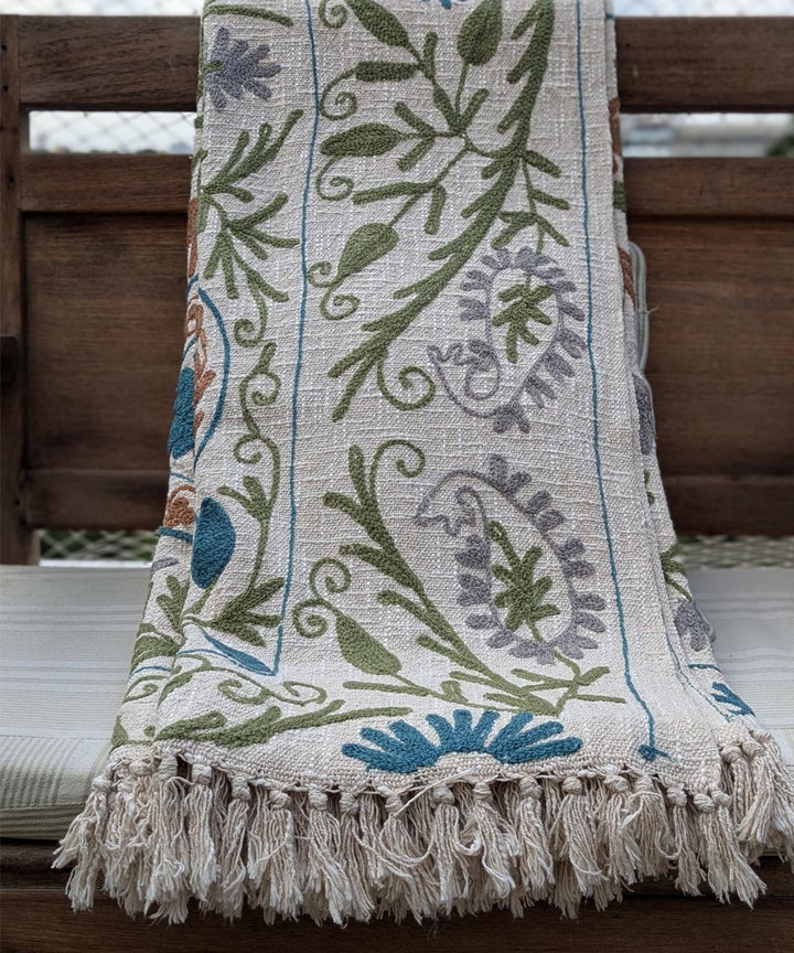 Beige blue hand embroidered slub cotton block print throw