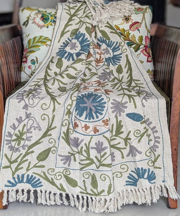 Beige blue hand embroidered slub cotton block print throw