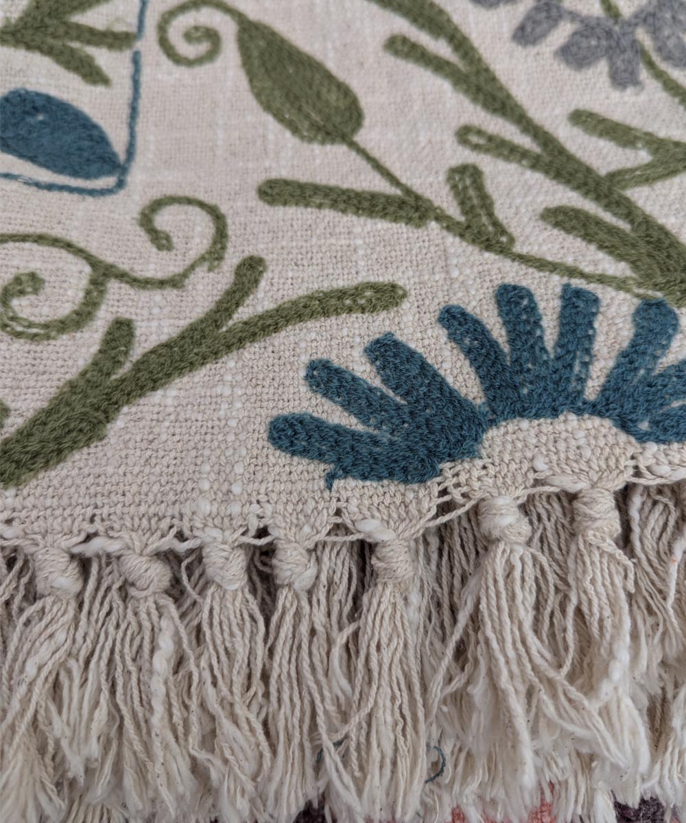 Beige blue hand embroidered slub cotton block print throw