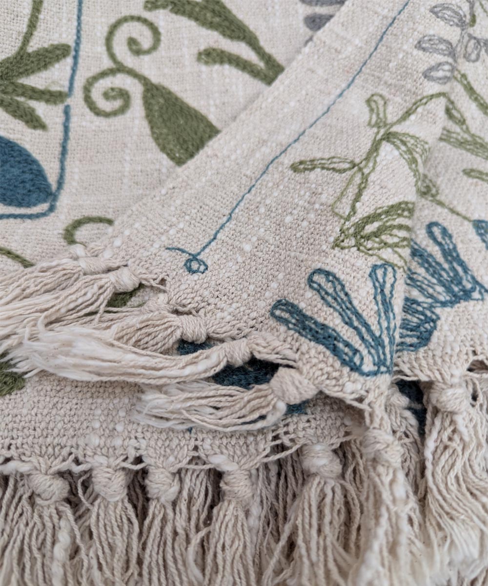 Beige blue hand embroidered slub cotton block print throw