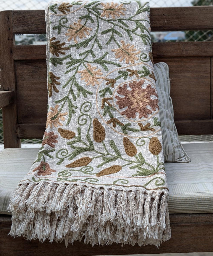 Beige green brown hand embroidered slub cotton block print throw