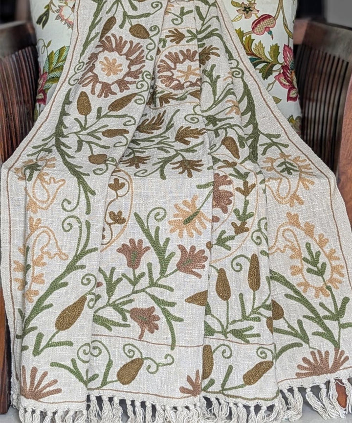 Beige green brown hand embroidered slub cotton block print throw