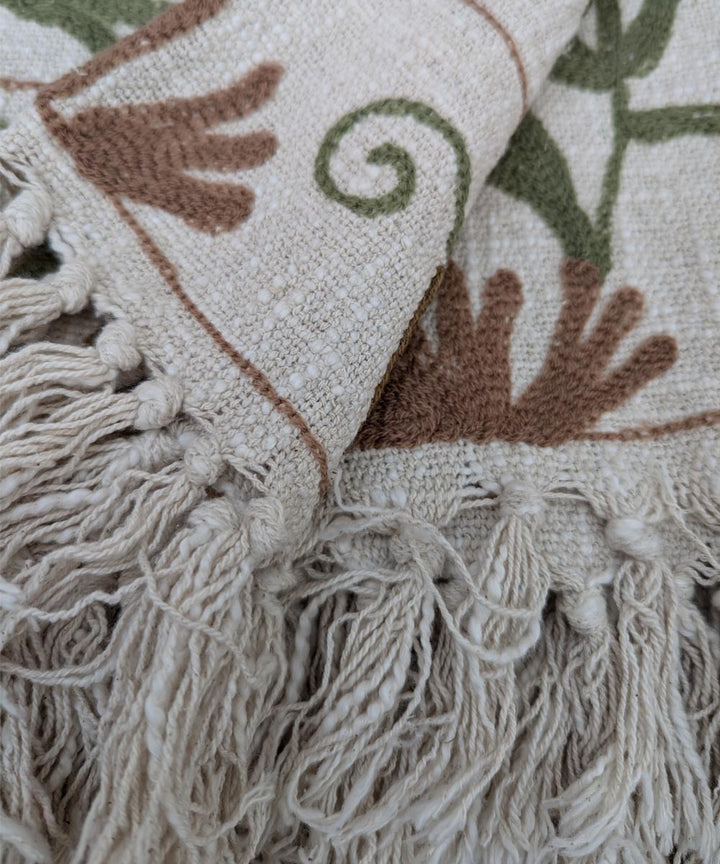 Beige green brown hand embroidered slub cotton block print throw