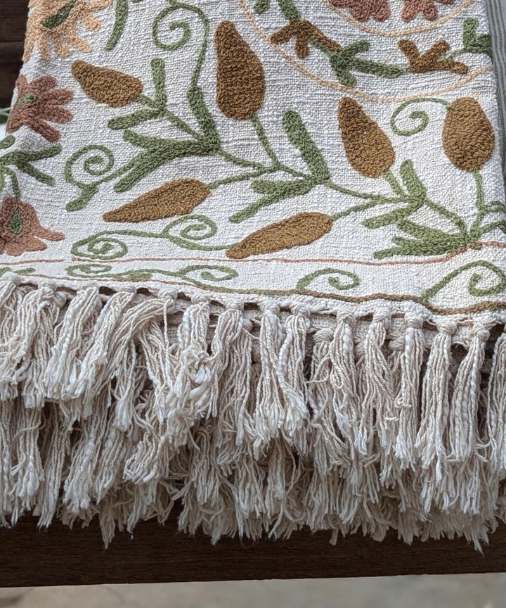 Beige green brown hand embroidered slub cotton block print throw