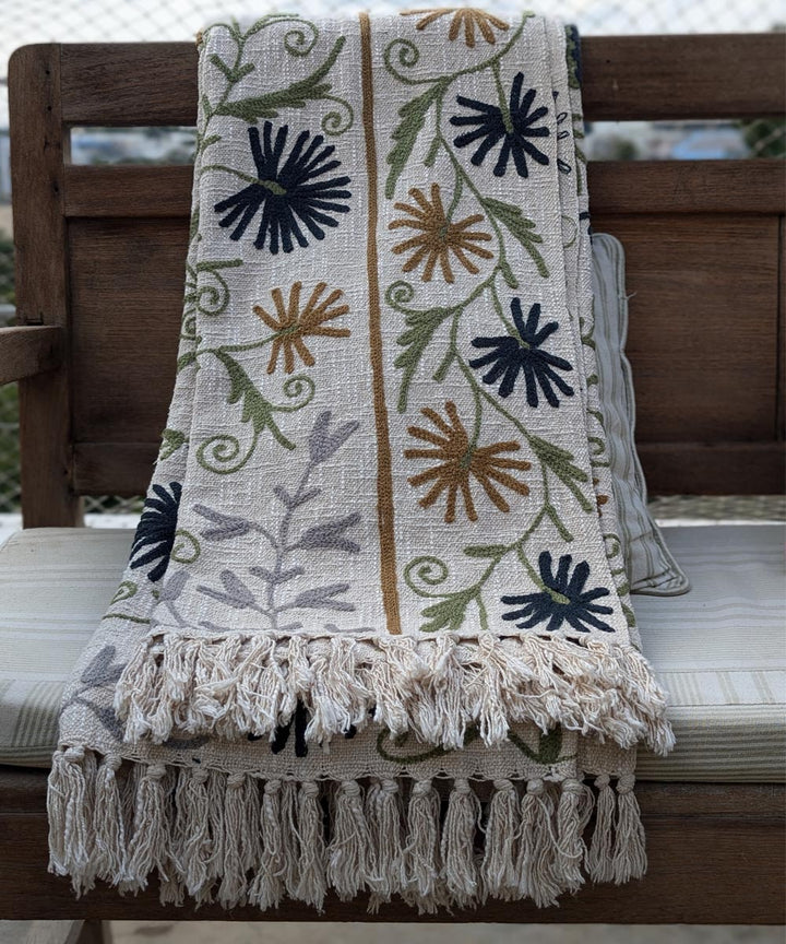 Beige blue brown hand embroidered slub cotton block print throw