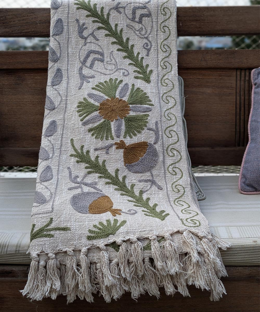 Beige indigo brown hand embroidered slub cotton block print throw