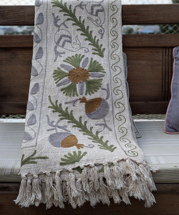 Beige indigo brown hand embroidered slub cotton block print throw