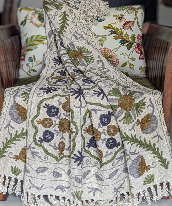 Beige indigo brown hand embroidered slub cotton block print throw
