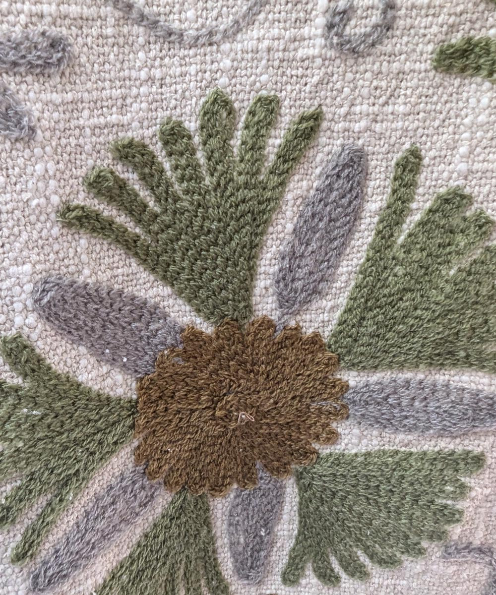 Beige indigo brown hand embroidered slub cotton block print throw