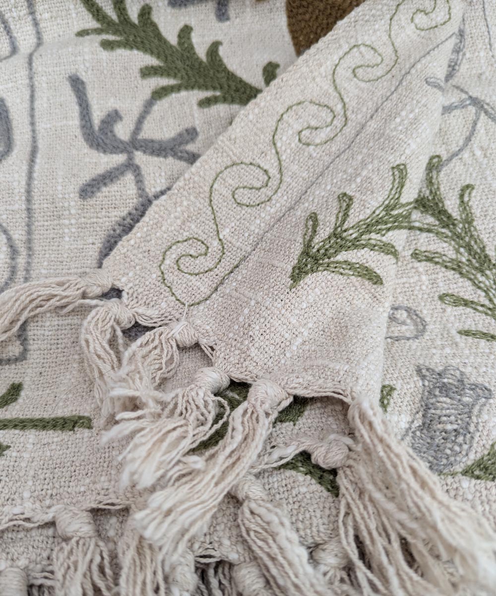 Beige indigo brown hand embroidered slub cotton block print throw