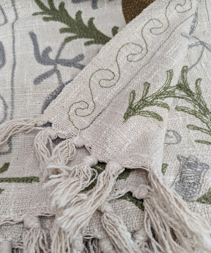 Beige indigo brown hand embroidered slub cotton block print throw