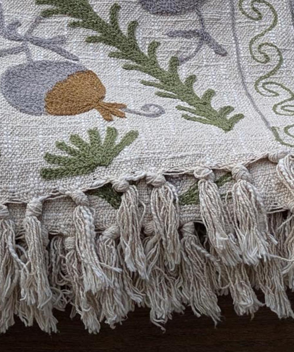 Beige indigo brown hand embroidered slub cotton block print throw