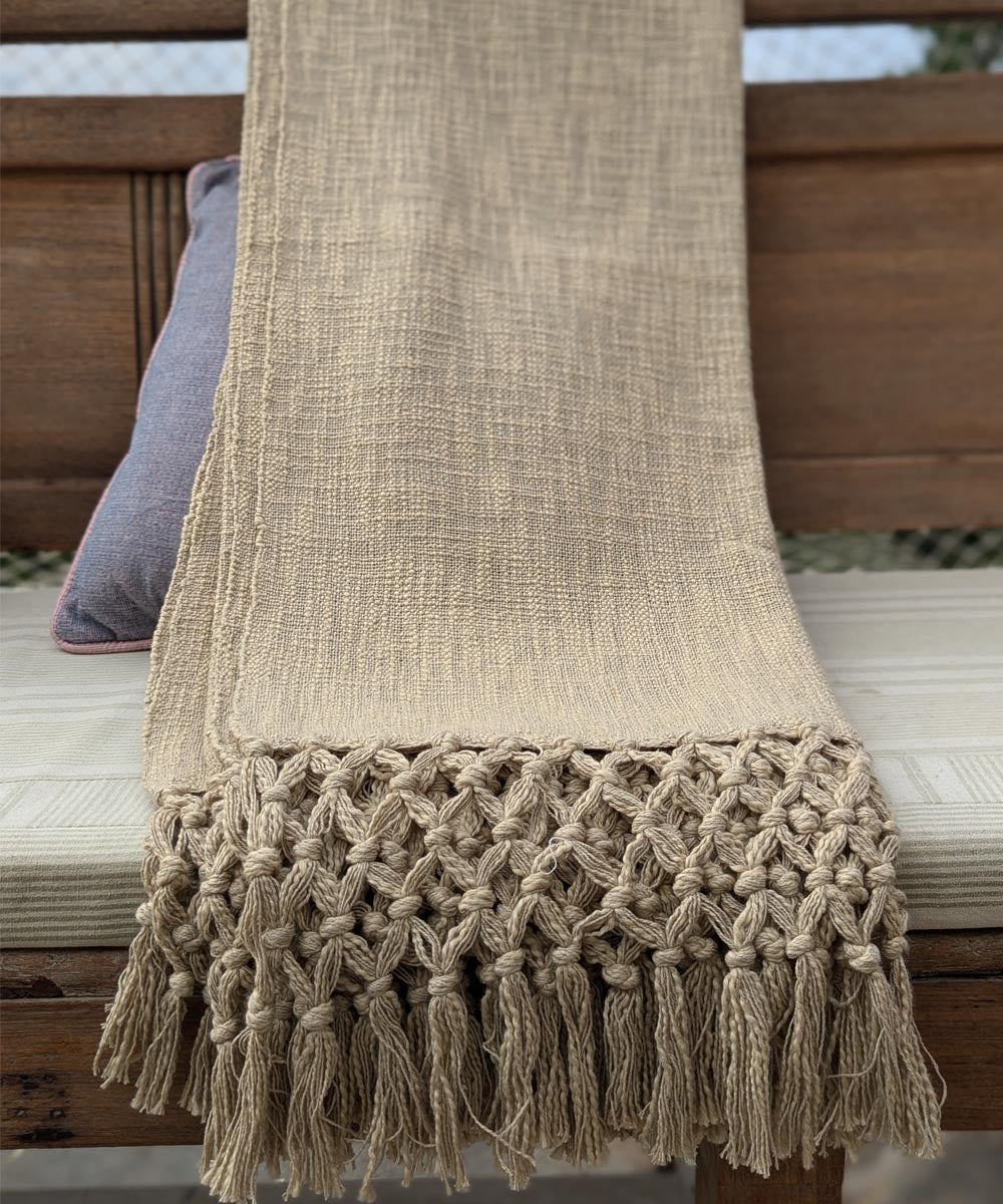 Beige brown hand embroidered slub cotton block print throw