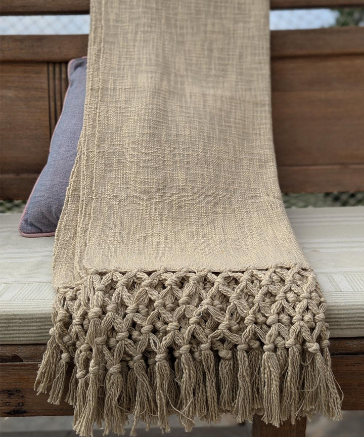 Beige brown hand embroidered slub cotton block print throw