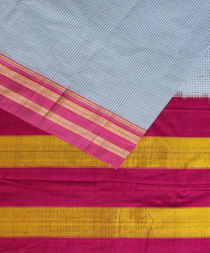 Grey small check pink gayatri border handwoven ilkal cotton silk saree