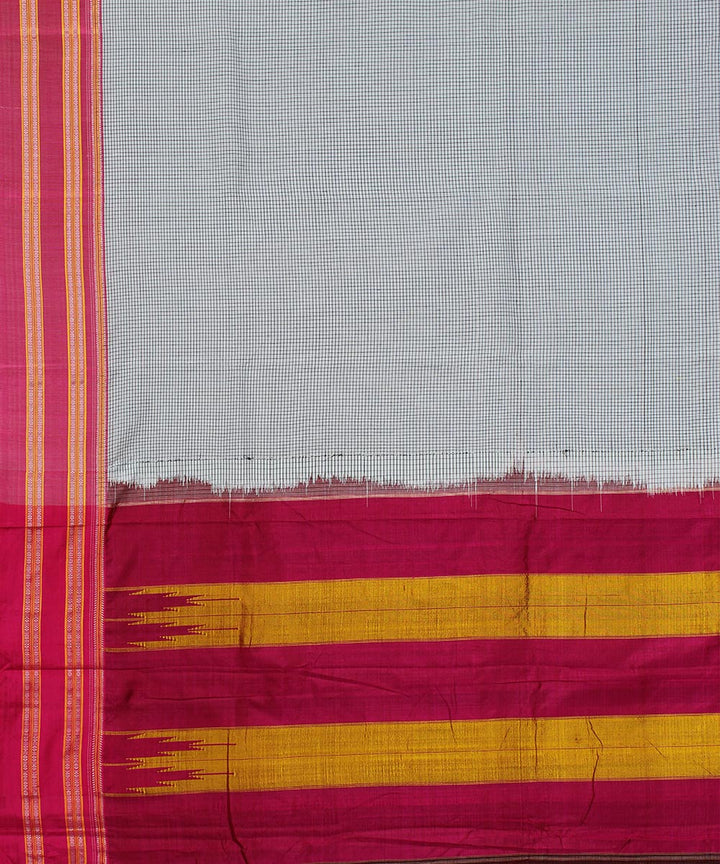 Grey small check pink gayatri border handwoven ilkal cotton silk saree