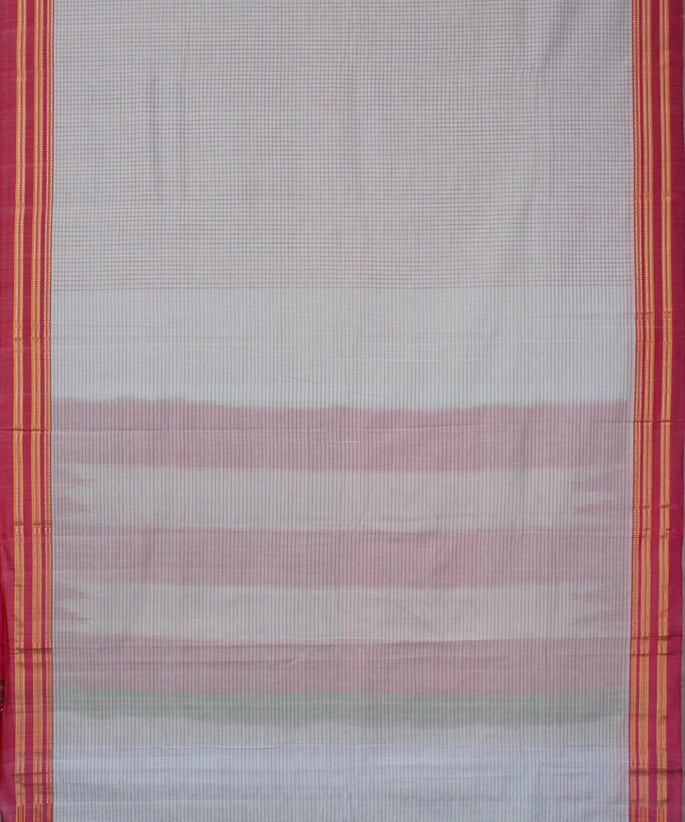 Grey small check pink gomi border handwoven ilkal cotton silk saree