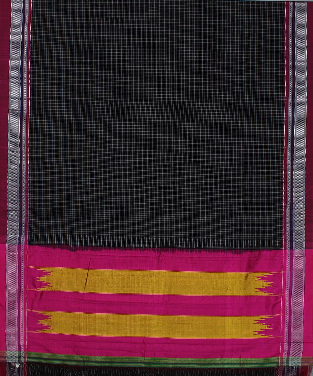 Black checks pink chikki paras border handloom ilkal cotton silk saree