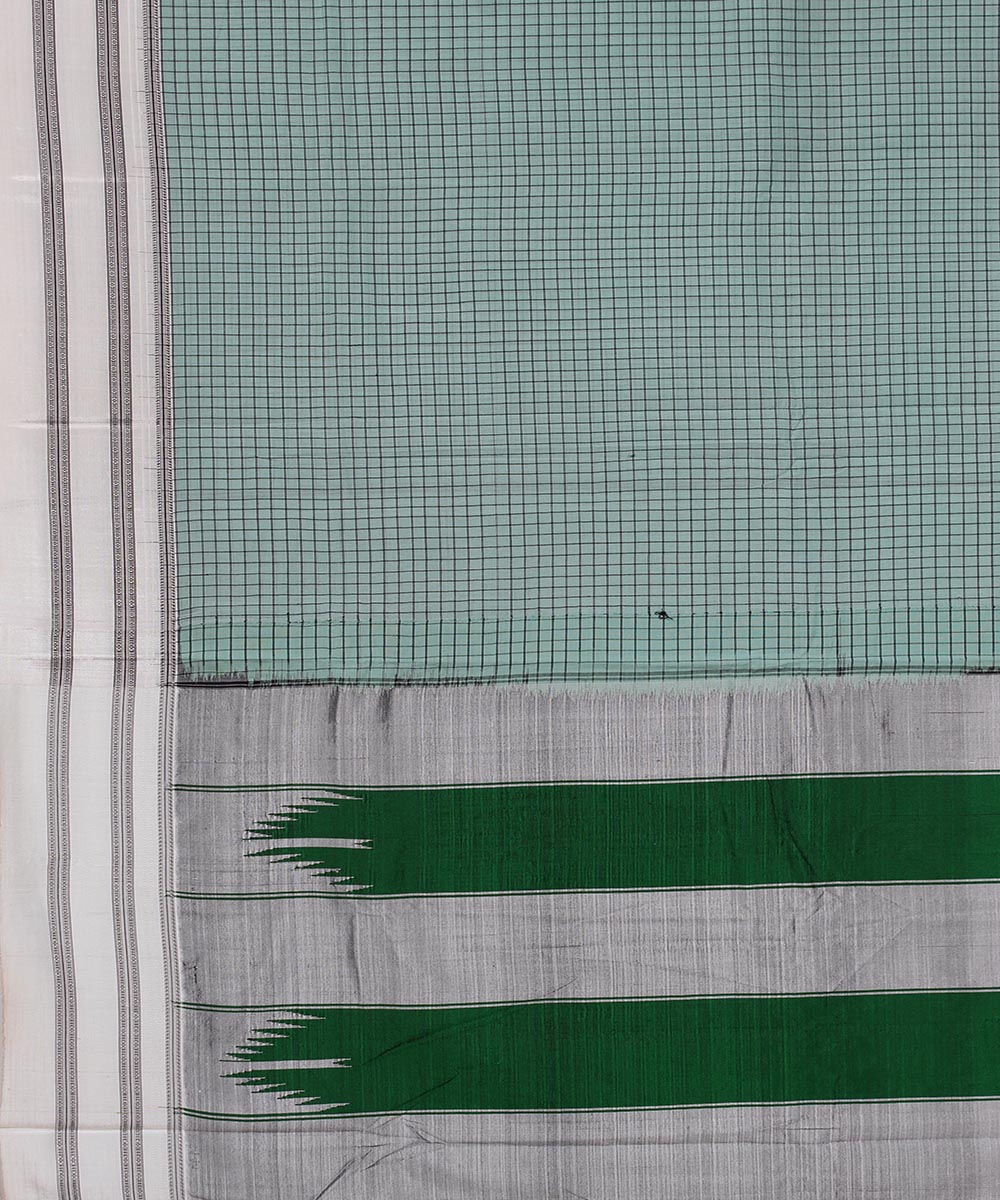 Cyan blue check white gayatri border handwoven ilkal cotton silk saree