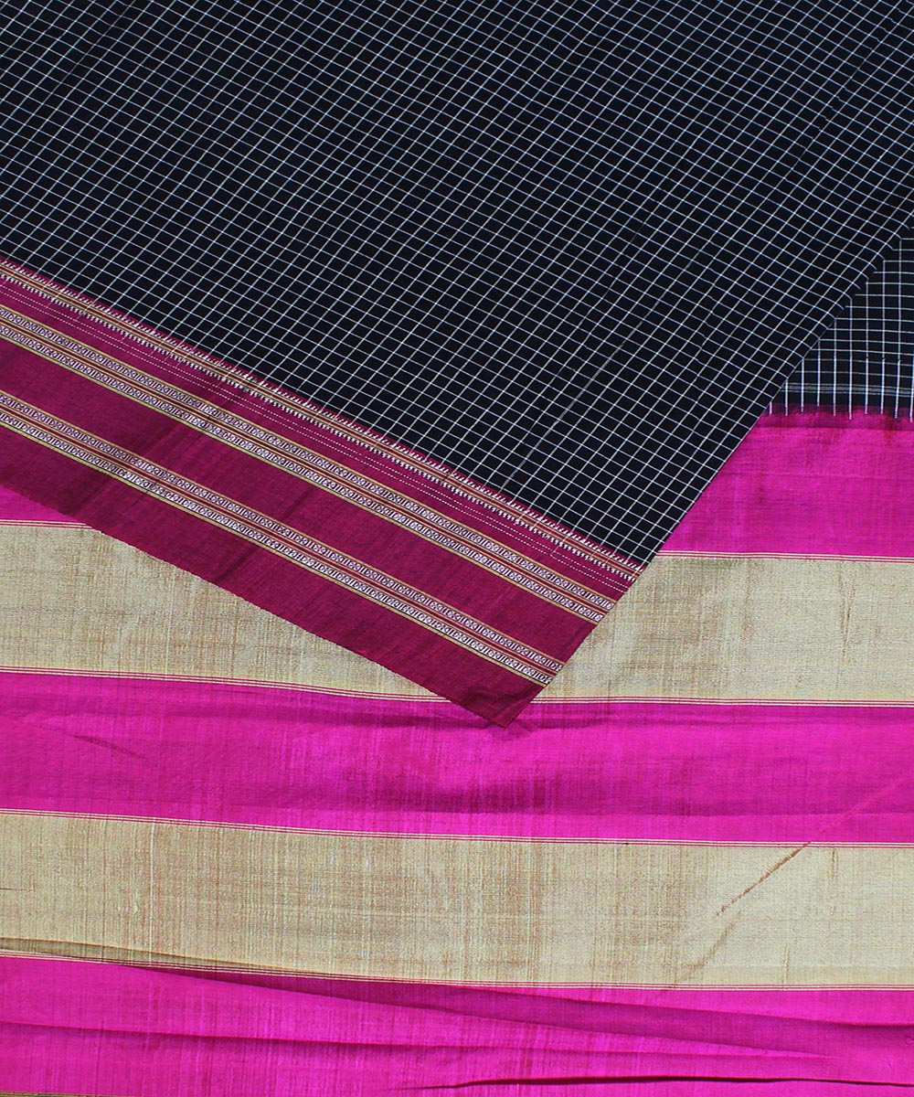 Black check pink gayatri border handwoven ilkal cotton silk saree