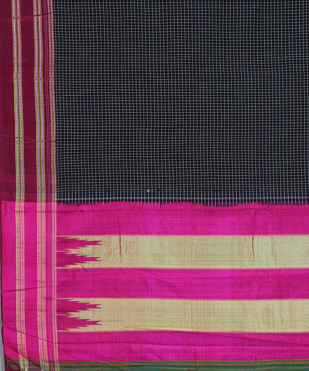 Black check pink gayatri border handwoven ilkal cotton silk saree