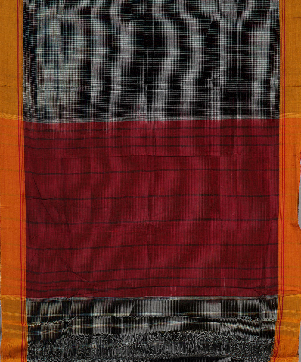 Black checks yellow border handwoven patteda anchu cotton saree