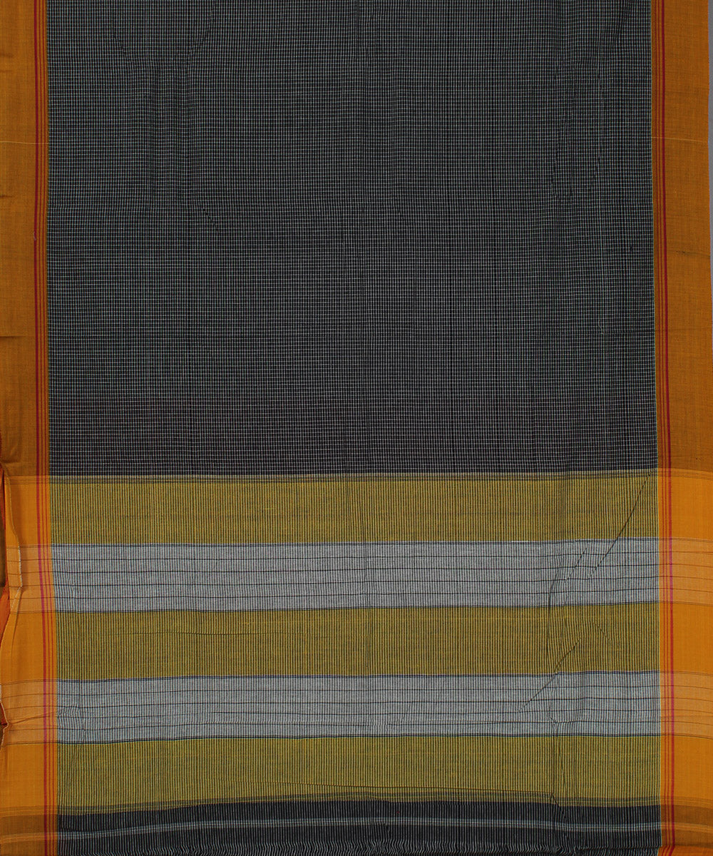 Black checks yellow border handwoven patteda anchu cotton saree