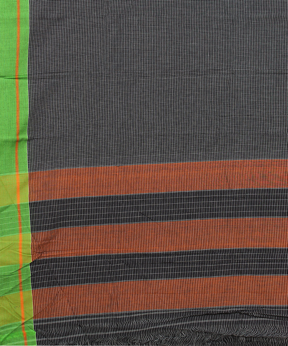 Black small orange green border patteda anchu cotton saree