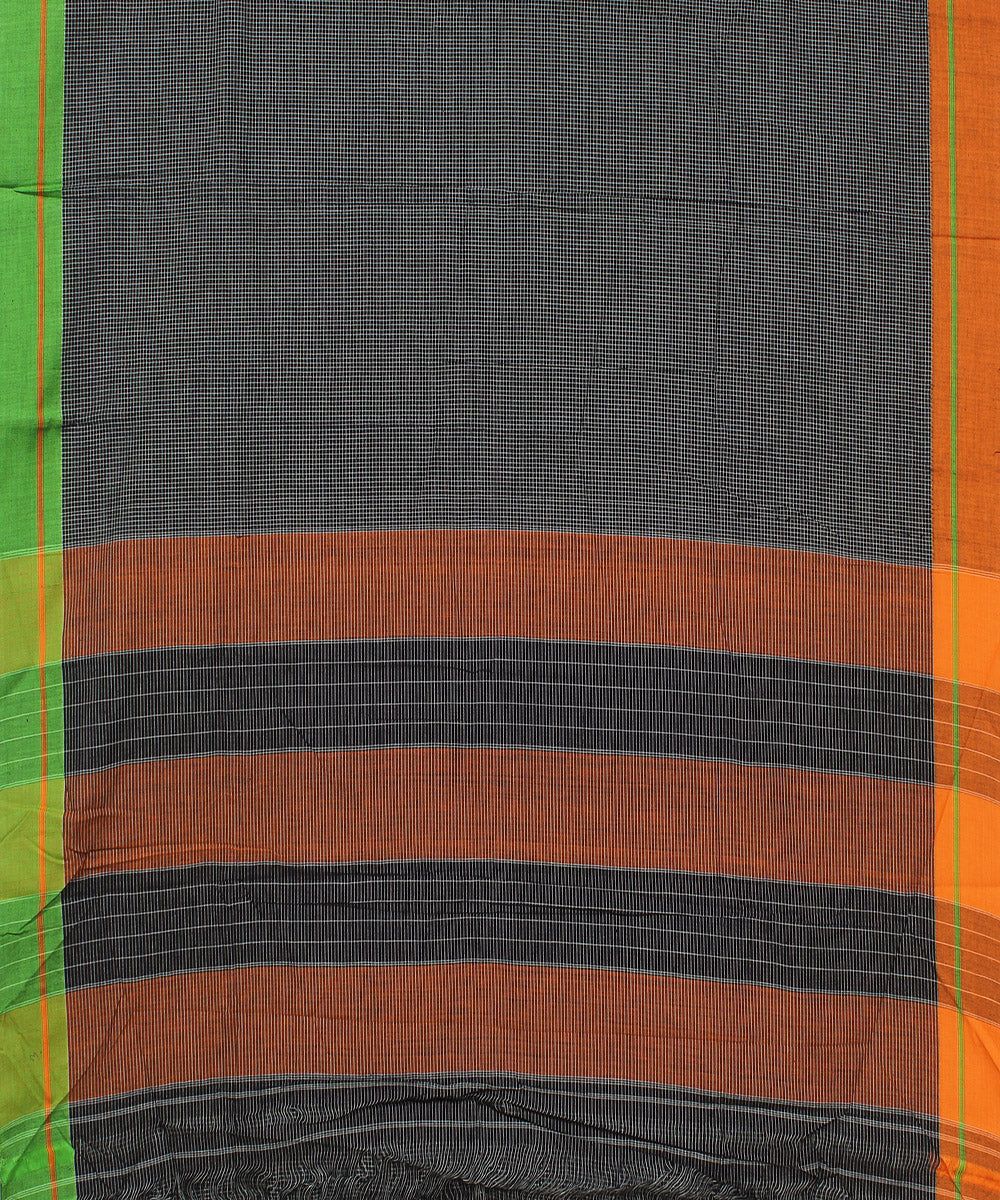 Black small orange green border patteda anchu cotton saree