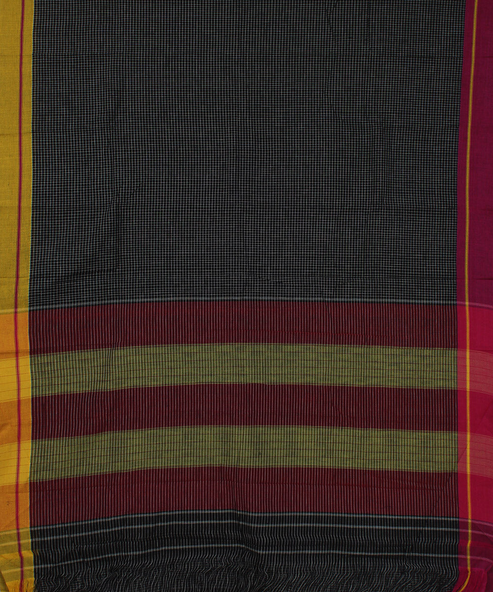 Black check pink yellow border handwoven patteda anchu cotton saree