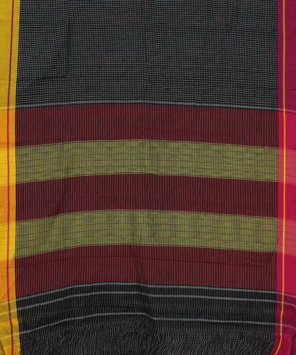 Black check pink yellow border handwoven patteda anchu cotton saree