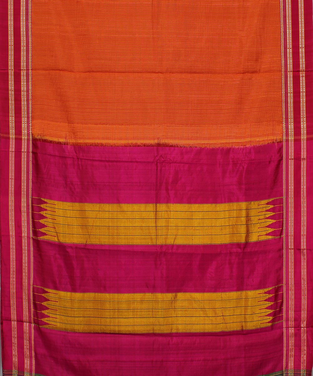 Orange small check pink gayatri border ilkal cotton art silk saree
