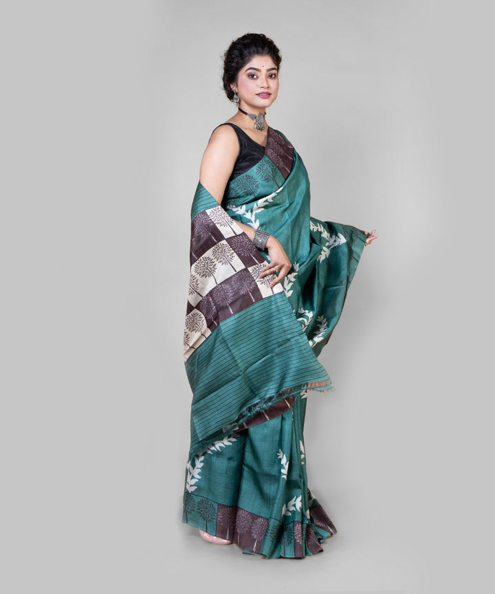 Dark green black tussar silk hand block printed saree