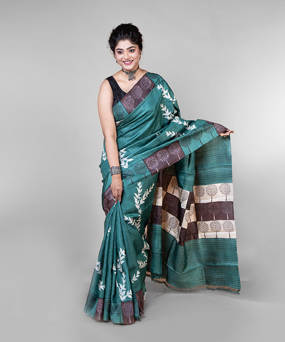 Dark green black tussar silk hand block printed saree